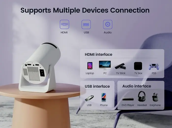 Tilt Mount Mini Projector with WiFi and Bluetooth, Compact HD Cinema Projector