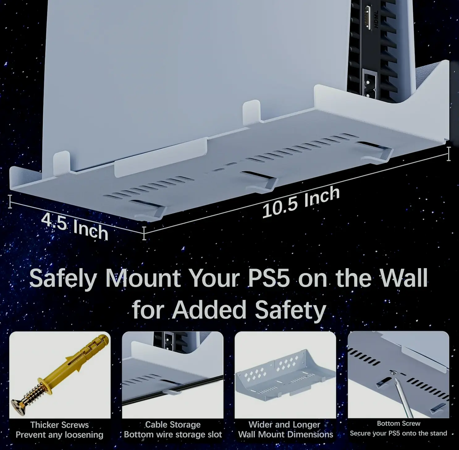 Hosanwell PS5 Wall Bracket with Charger, Customizable Lighting, White