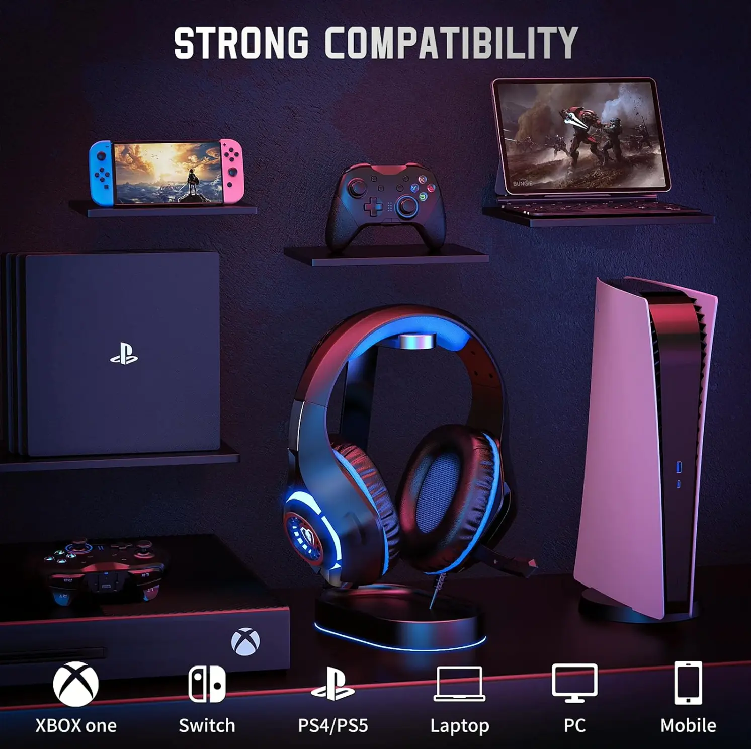 Gaming Headphones for Computers, Switch, Smartphone, with Noise Canceling Mic, Bass Sound