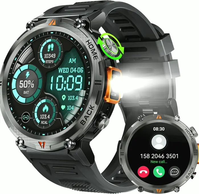 Tactical Smartwatch for Guys Featuring LED Flashlight & Activity Tracker