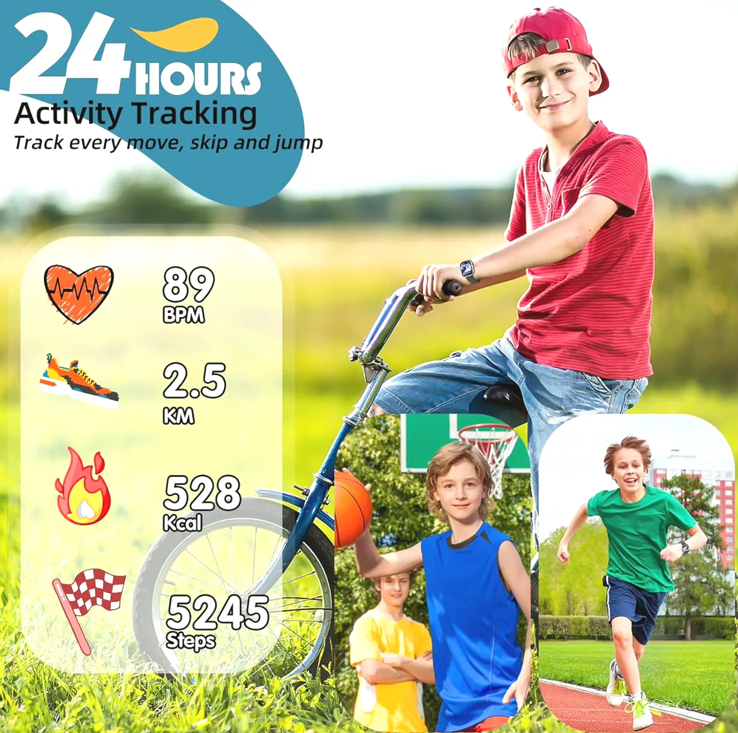 Kids Fitness Tracker - 1.5" DIY Dials, Waterproof, 19 Sports Modes