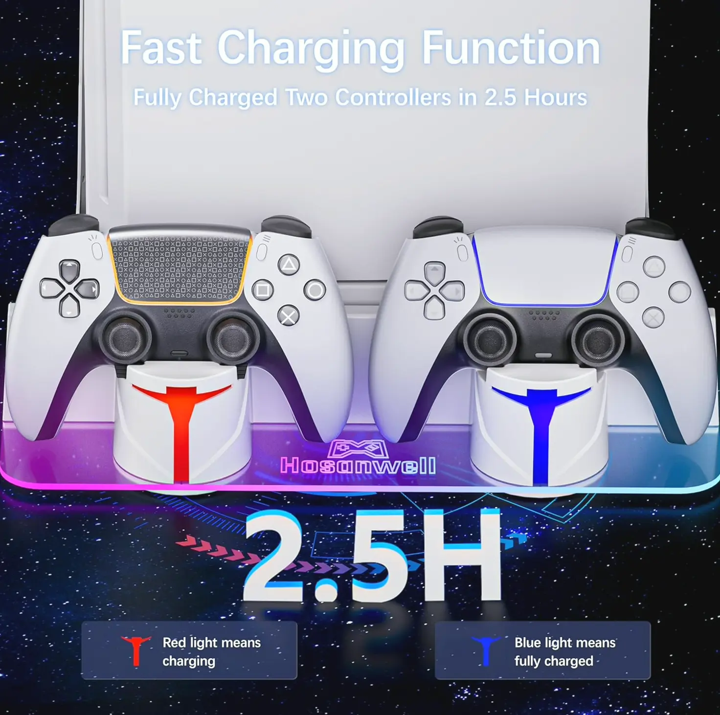 Hosanwell PS5 Wall Bracket with Charger, Customizable Lighting, White