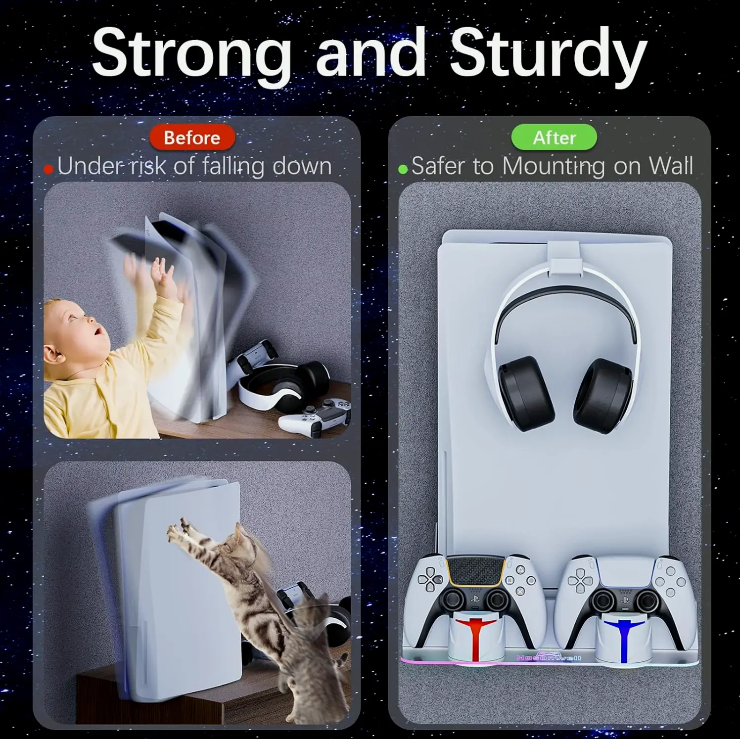 Hosanwell PS5 Wall Bracket with Charger, Customizable Lighting, White