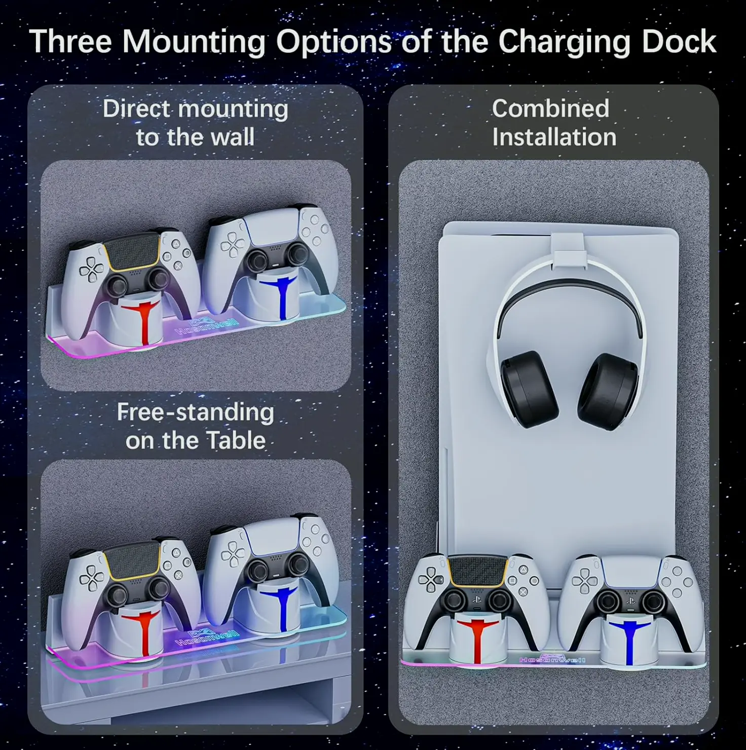 Hosanwell PS5 Wall Bracket with Charger, Customizable Lighting, White