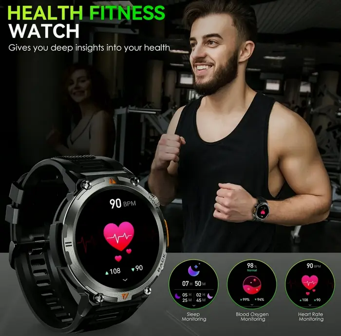 Tactical Smartwatch for Guys Featuring LED Flashlight & Activity Tracker